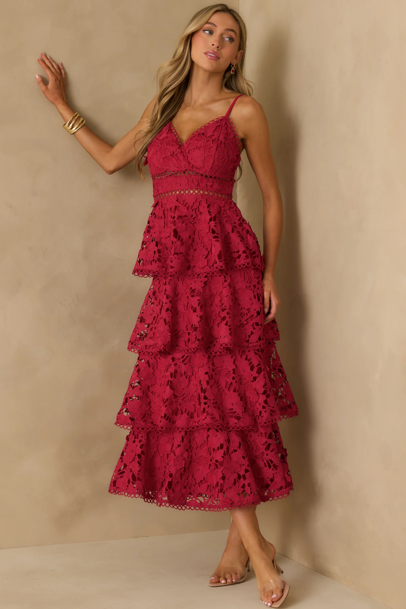 Elegance in Lace -Elegance in Lace fulllength front red maxi dress vneck spaghettistraps ladderlace waist