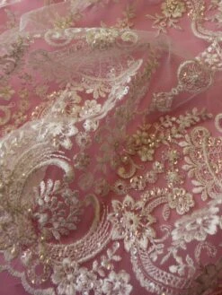 Ivory Embroidered Lace - Ruby -Elegance in Lace ivory sequinned embroidery lace ruby close up